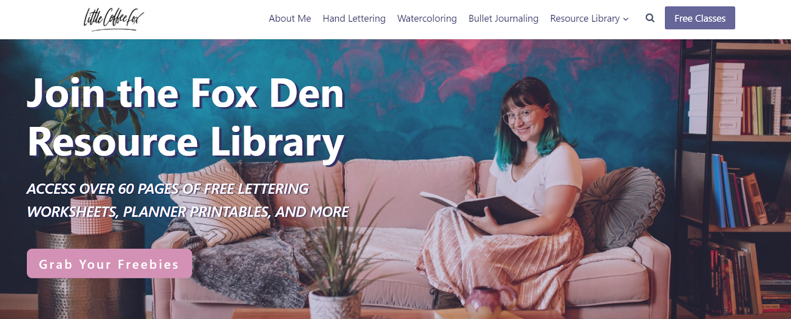 Landing page for the Fox Den Resource Library offering free lettering worksheets, planner printables, and more, with an inviting image of a woman on a couch.